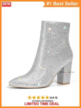Rhinestone Ankle Booties Pointed Toe Block Heel Side Zip Party Boots